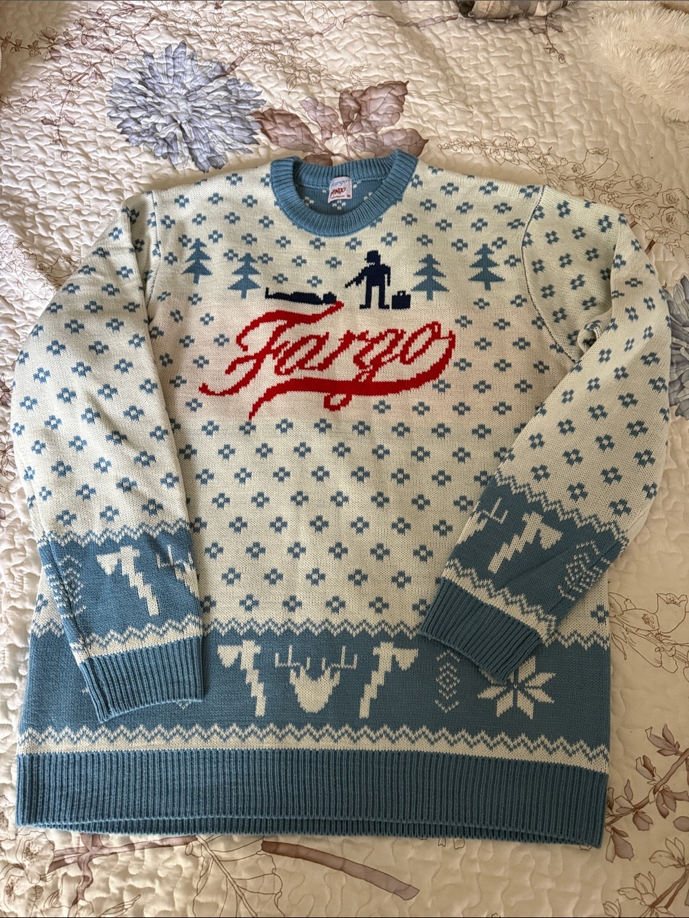 Fargo Logo Crewneck Sweater — Light Blue & White